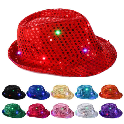 Fashion Light Up Dress Dance Party Sequin Panama Cap Jazz Hat Led Fedora Trilby
