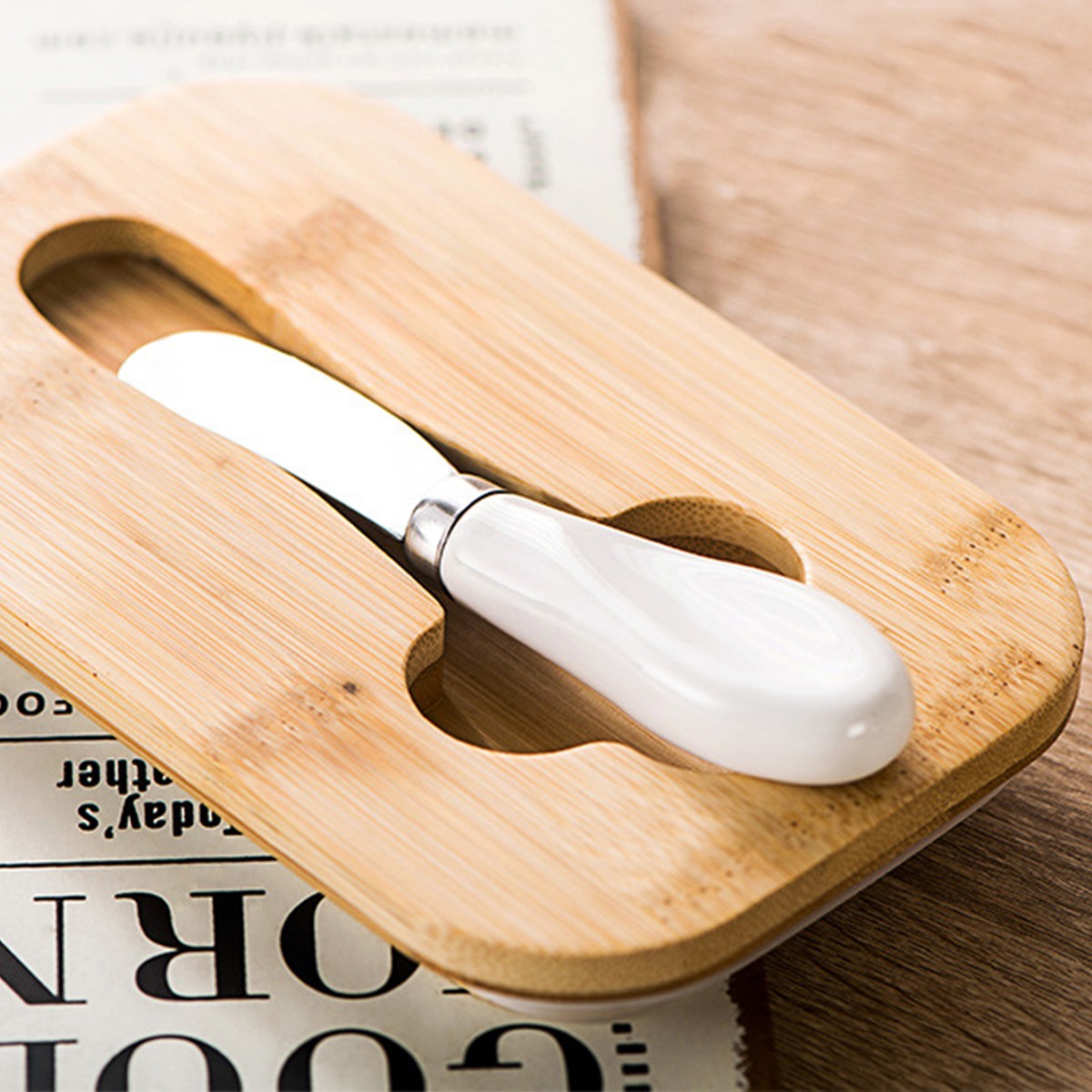 Ceramic Butter Dish Holder Wooden Lid Knife Fridge Cheese Storage Container AU