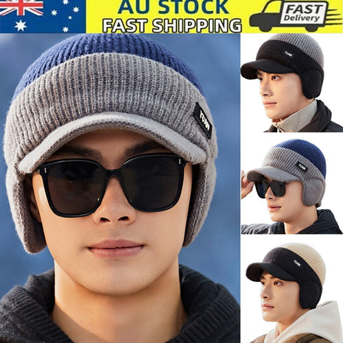 Fleece Lined Beanie Hat Ear Protection Bomber Hats Winter Peaked Knit Cap Men