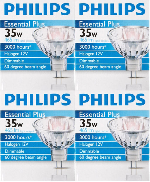 4 x PHILIPS 12V 35W MR16 Gu5.3 Halogen Light Lamp Globes Bulbs Wide Beam 60D – Compatible with PHILIPS