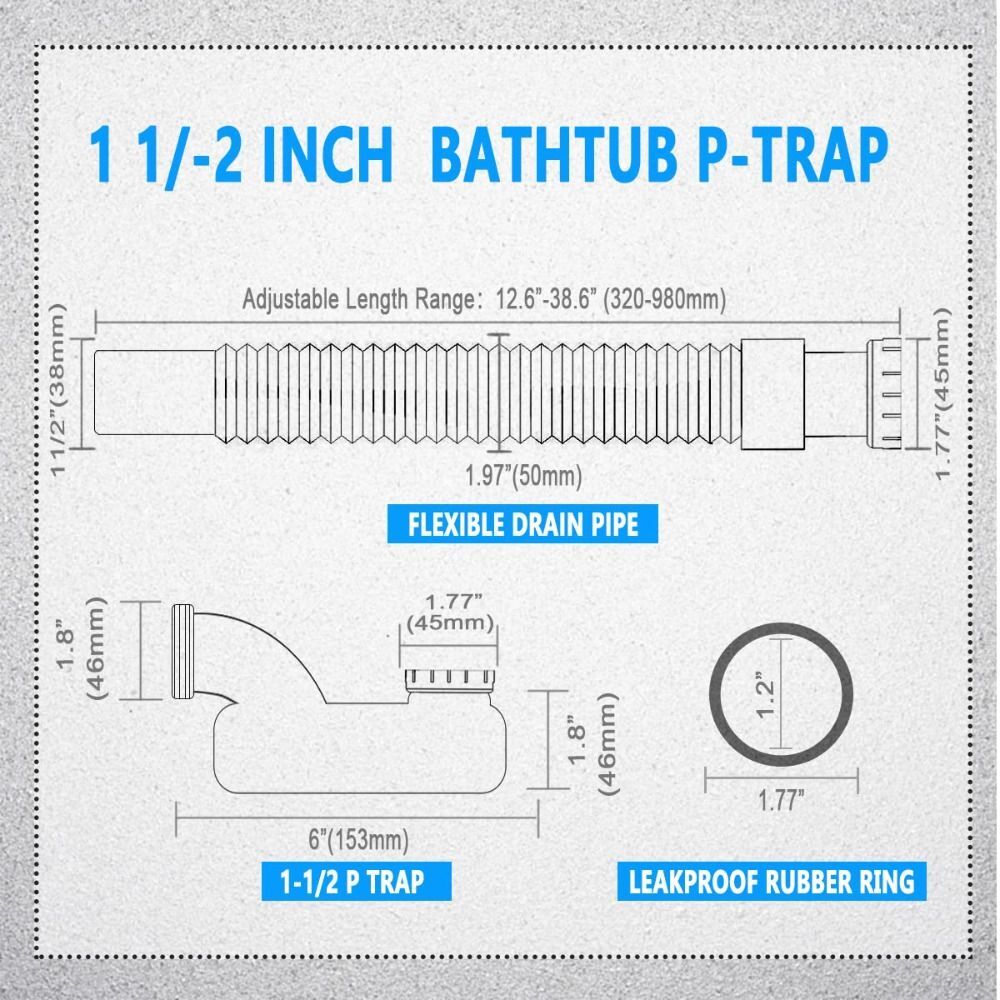 ABS Low Profile Flat 1 1/2 P Trap Kit Flexible Freestanding Tub Drain Bath
