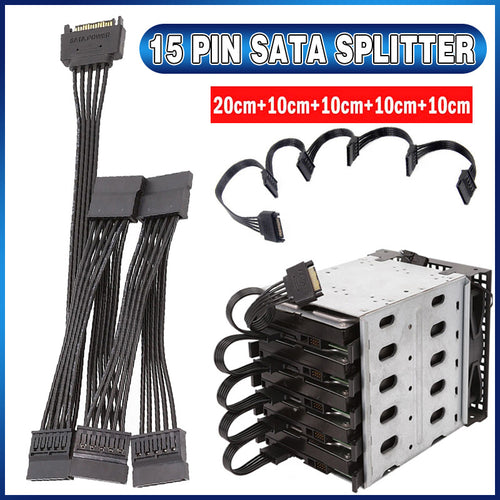 15 Pin SATA Power Y-Splitter Cable Adapter Extension 1 Male to 5 Female For HDD