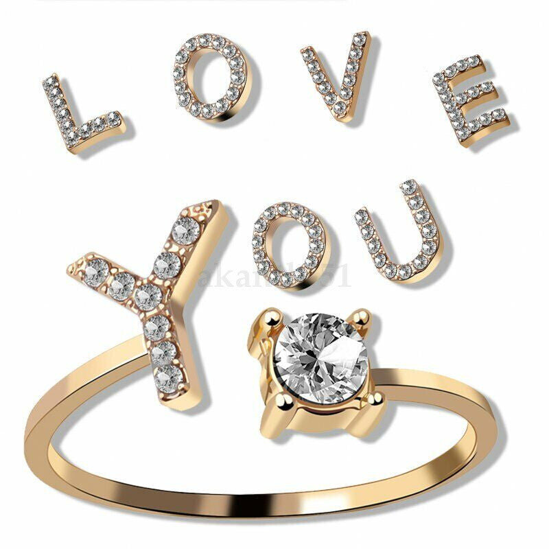Adjustable Open Initial A-Z Letters Ring Fashion Zircon Ring Womens Jewelry Gift