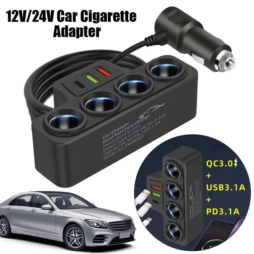 4Way 12-24V Car Cigarette Charger Lighter Socket Splitter Power USB Adapter Port