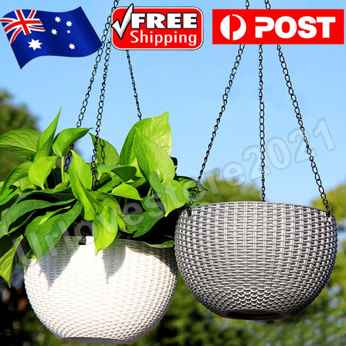 2PCS Landen Rattan Hanging Plant Pots Flower Baskets Hanger Self Holder Wall AU
