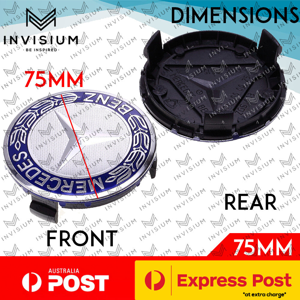 4x 75mm DARK BLUE Wheel Centre HUB CAPS for Mercedes Benz AMG C E S CLA GLA GLE