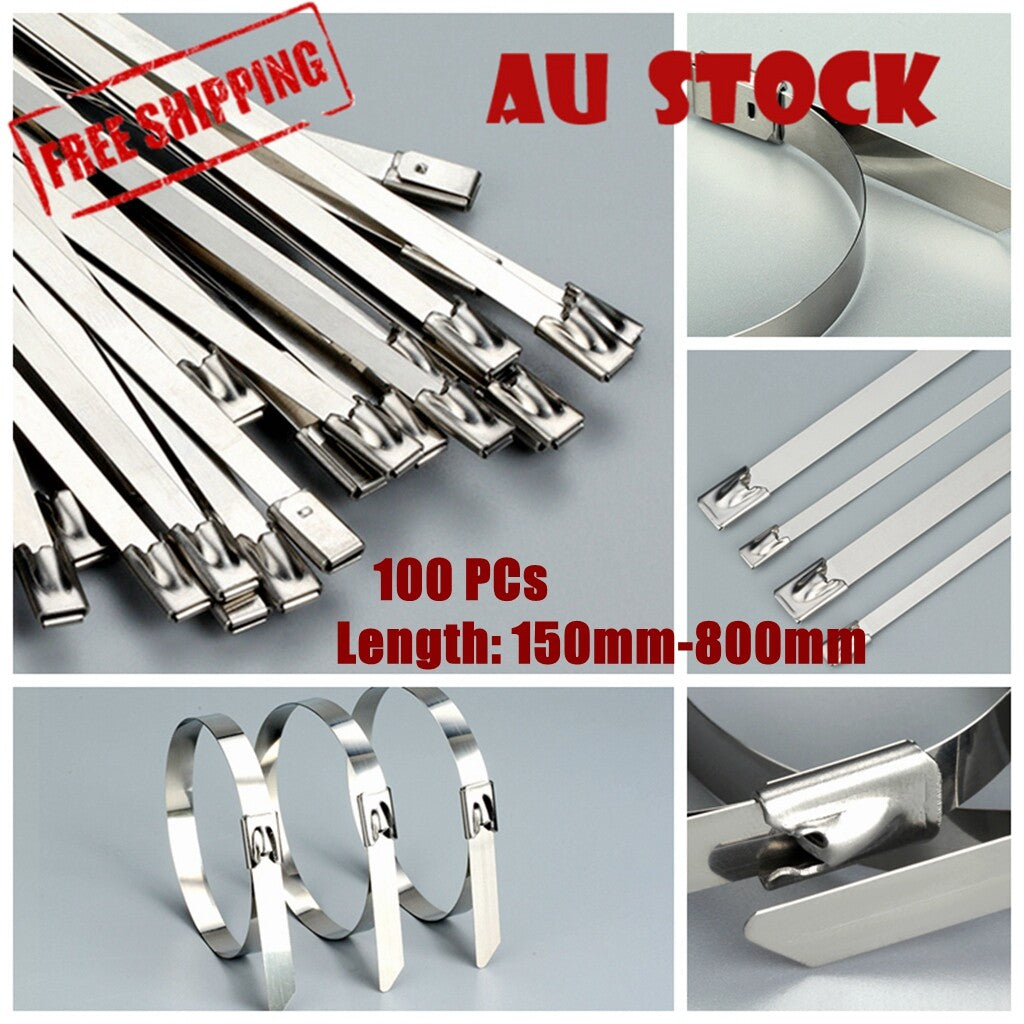 100x Stainless Steel Cable Ties SS304 Metal Self Locking Zip Tie Strap 150-800mm