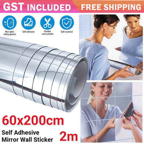 2m Large Mirror Wall Sticker Roll Self Adhesive Bathroom Room DIY Decor Stick On