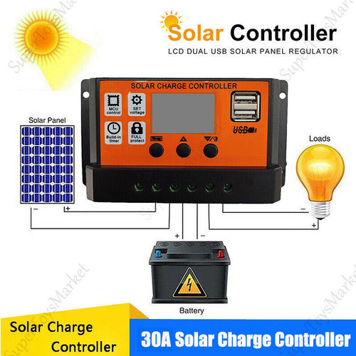 30A Solar Charge Controller 12V 24V Lithium Battery Panel Regulator 2 USB LCD
