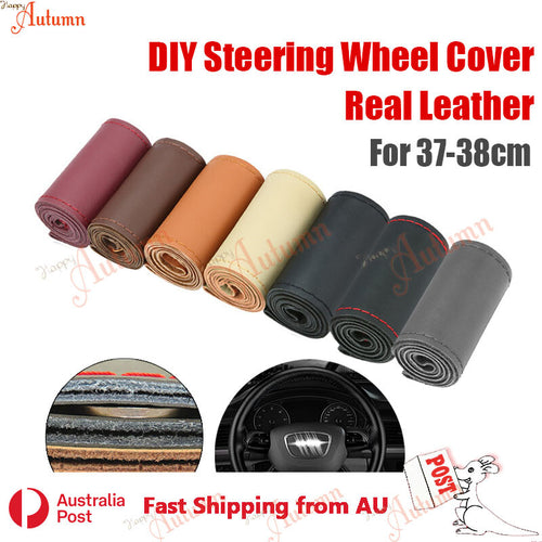 Real Cow Leather DIY Car Steering Wheel Cover Soft Plain 37cm 38cm 15"