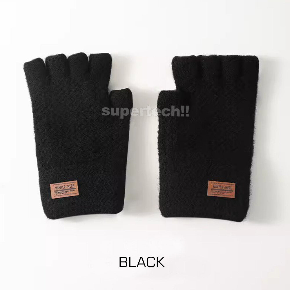 2x Winter Alpaca Wool Fingerless Gloves Thermal Mens Knitted Half Finger Mittens