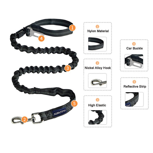 Dog Traction Rope Training Lead Leash with Car Buckle Nylon Bungee Heavy Duty