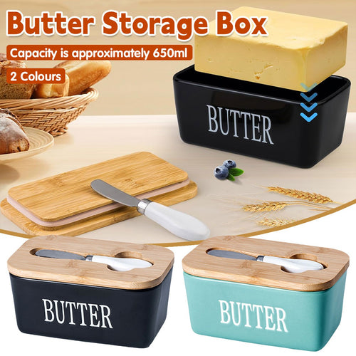 Ceramic Butter Dish Holder Wooden Lid Knife Fridge Cheese Storage Container AU