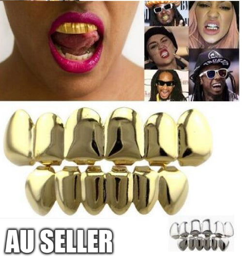 18k Gold Plated Hip Hop Teeth Grillz Caps Top & Bottom Grill Set 3 Colors