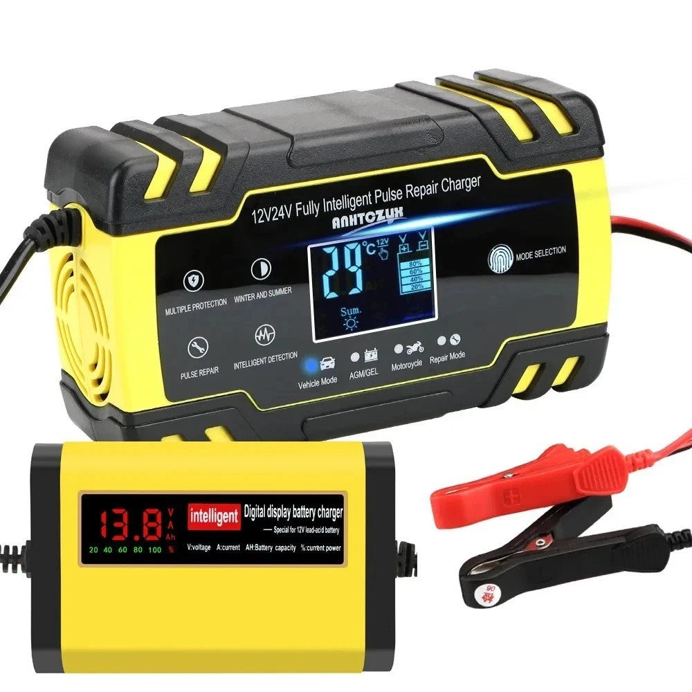 12V EU Plug Car Battery Charger Lead Acid Battery Pulse Repair Tools Smart Digital Automobile Motorcycle Accessories