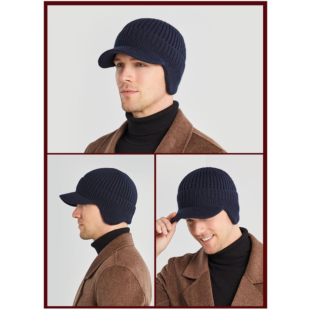 Winter Warm Thick Wool Beanie Hat Men's Knit Cap with Brim Cycling Cap
