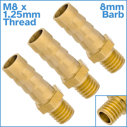 3x Brass 8mm Barb Hose To M8 x 1.25mm Male Threaded Pipe Fitting Tail Connector