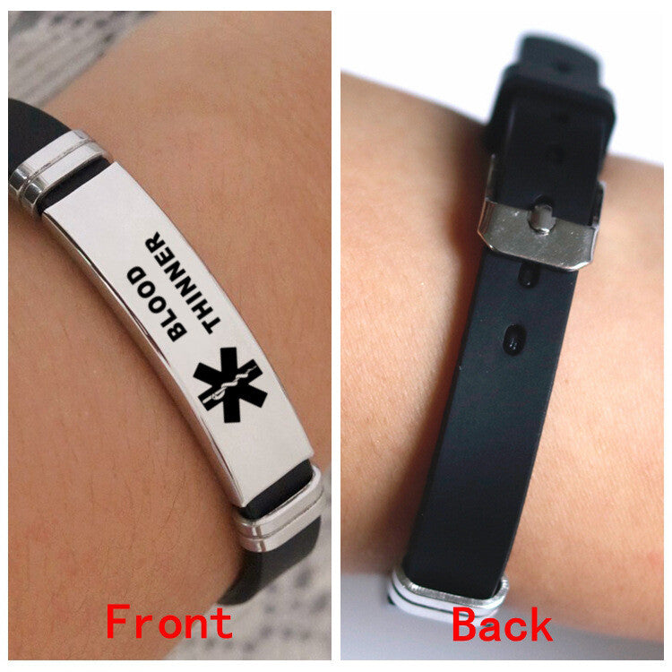 Blood Thinner Stainless Steel and Silicone Wristband Bracelet, Medical Alert