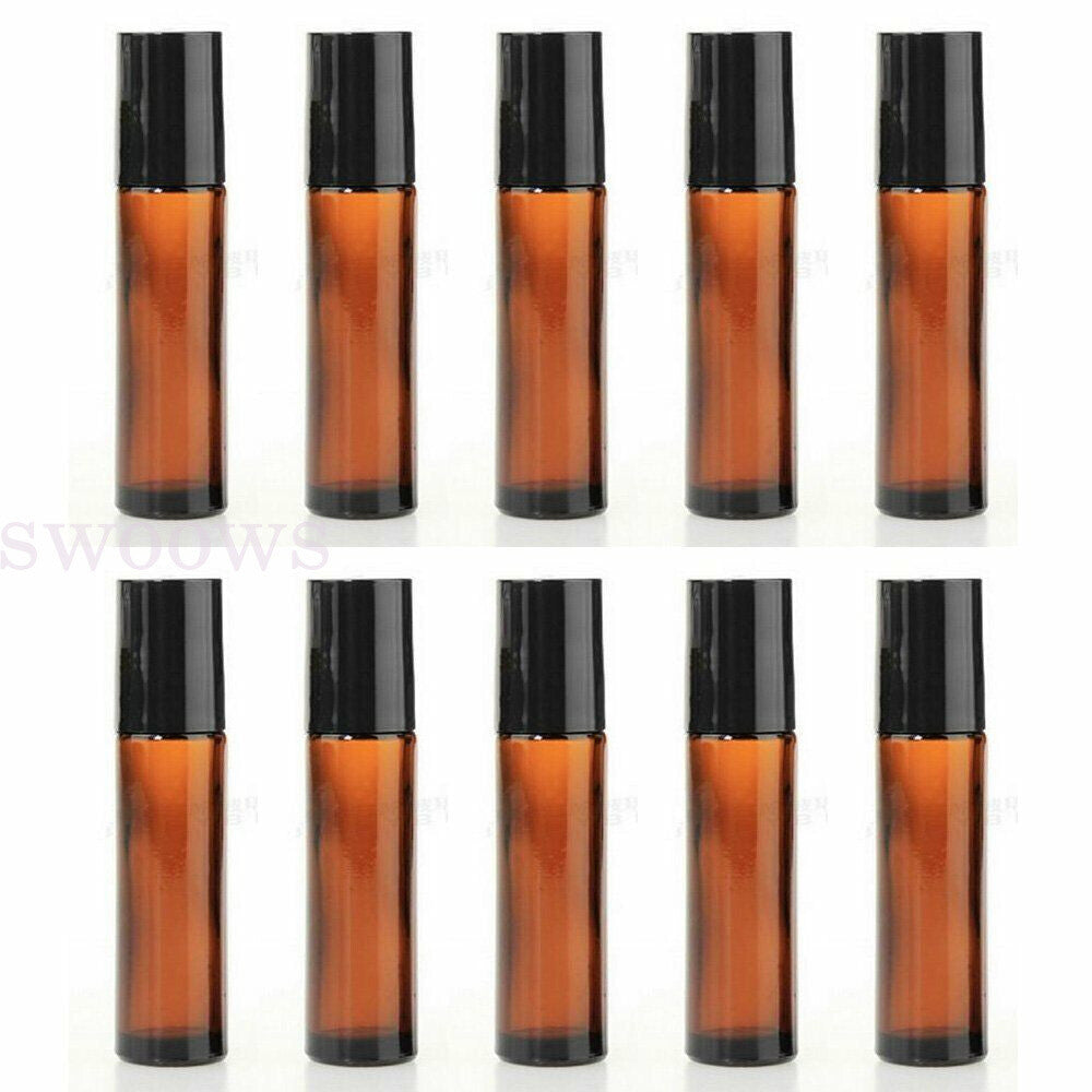 10X 10ml Roller Bottles Amber Thick Glass Steel Roll on Ball for Essential Oils