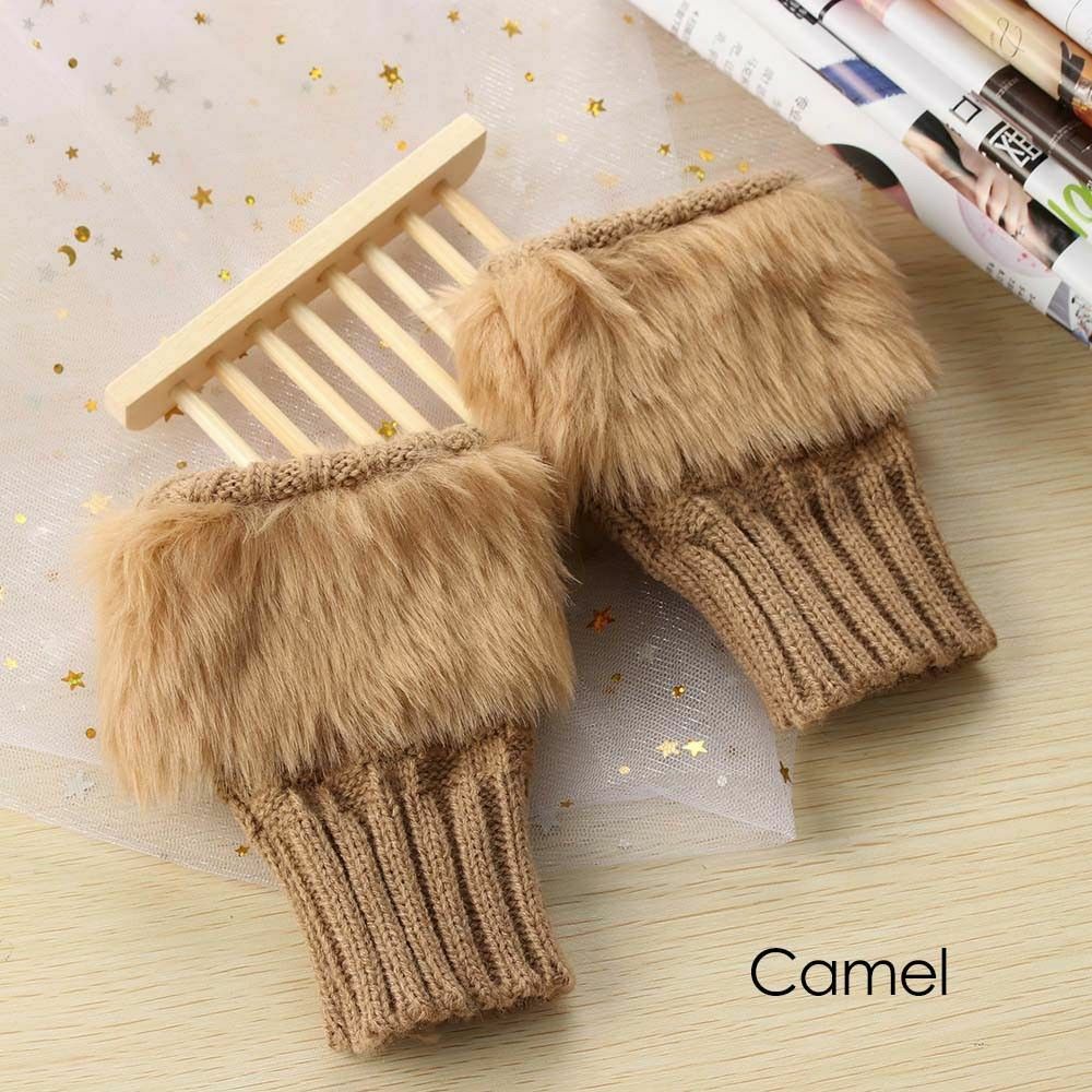 Winter Knitted Faux Fur Fingerless Gloves Women Wrist Hand Soft Warm Mittens