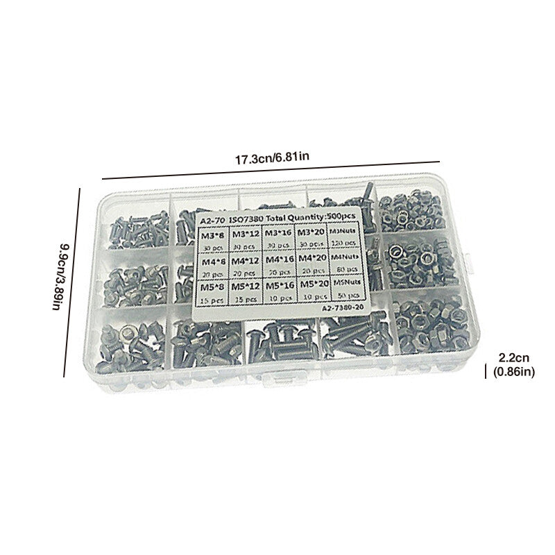 500PCS M3 M4 M5 Stainless Steel Hex Button Head Screw Bolt Nut Set Kit Bolt Kits