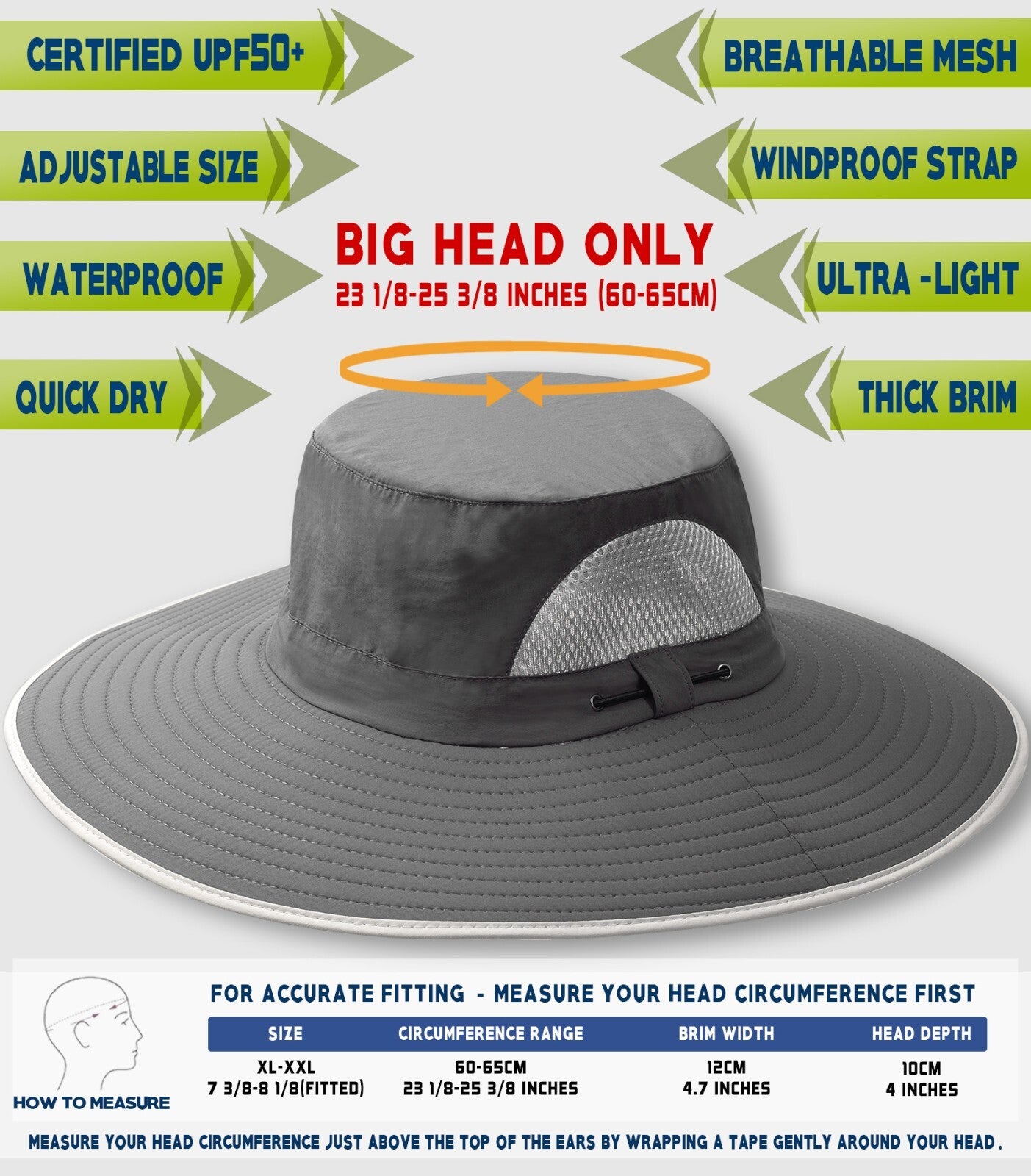 Big Head Sun Hat UPF50 for Large Head, XXL Bucket Hat Men/Women, Waterproof Wide