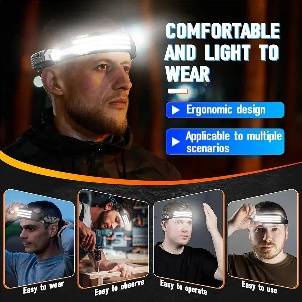 Waterproof COB LED HeadlampMotion Sensor Head Torch Headlight USB Rechargeable