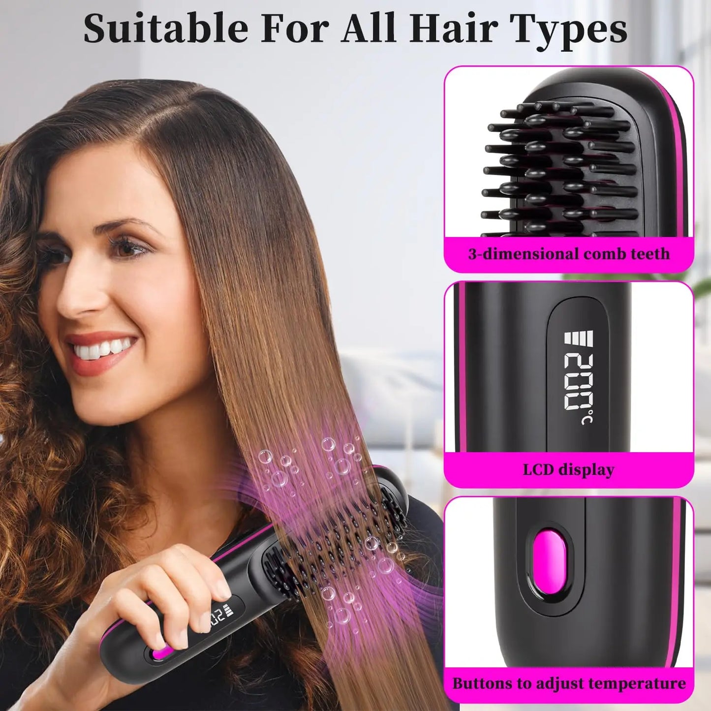 USB Charging Portable Hair Straightener Brush, Cordless Straightening Comb LED Display & Ceramic Coating, Ionic Technology