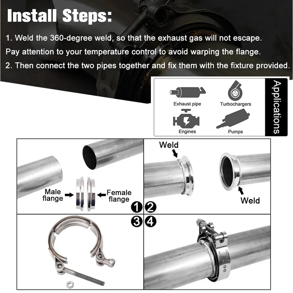 3" inch V-Band Clamp with Stainless Steel flange kit for turbo exhaust downpipes