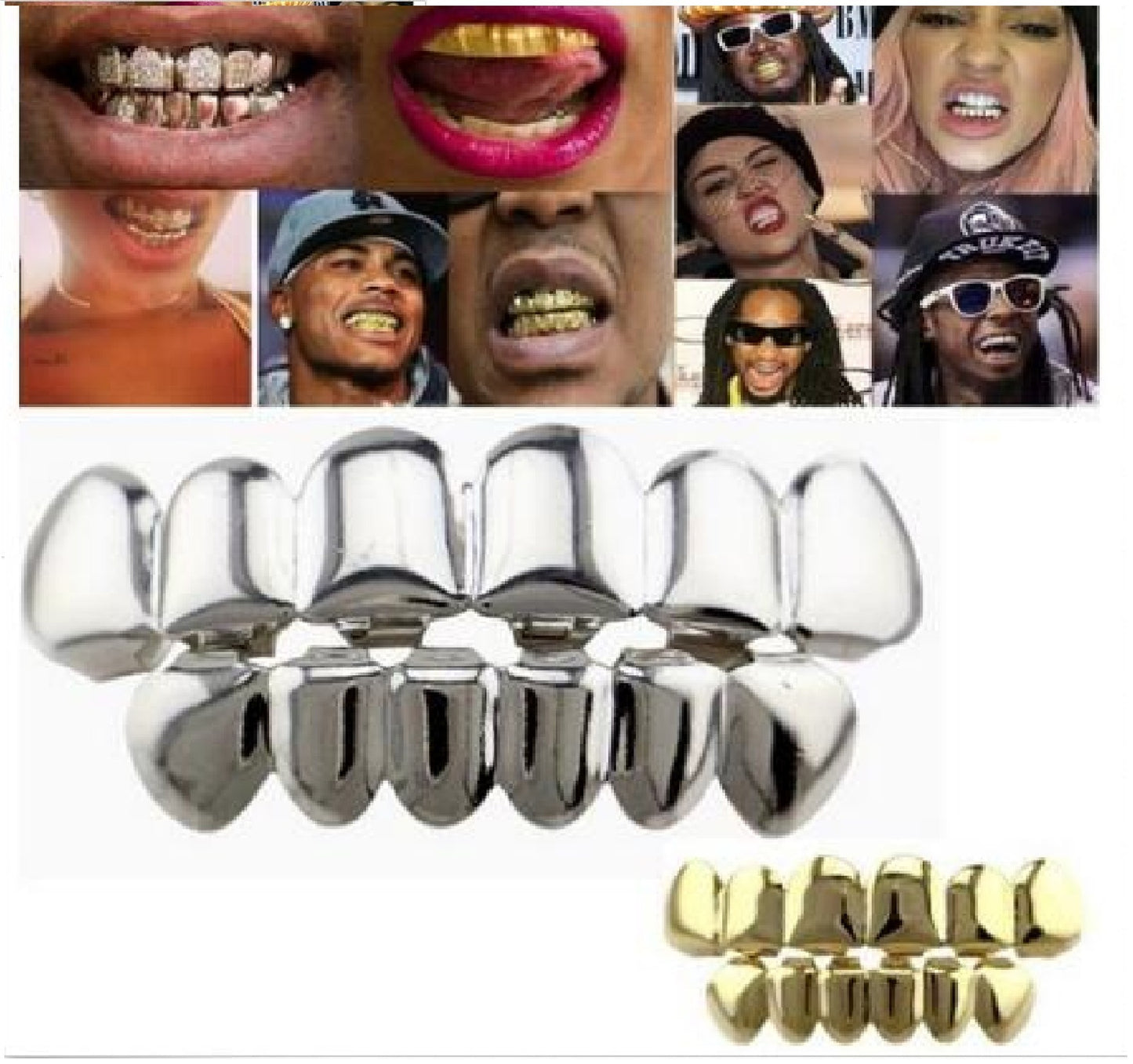 18k Gold Plated Hip Hop Teeth Grillz Caps Top & Bottom Grill Set 3 Colors