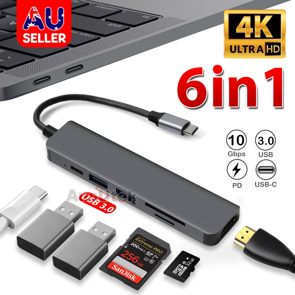 6 Ports USB C Hub to 4K HDMI-Compatible SD TF Card Reader USB 3.0 2.0 HUB Type C Charging Docking Compatible with MacBook iPad Samsung