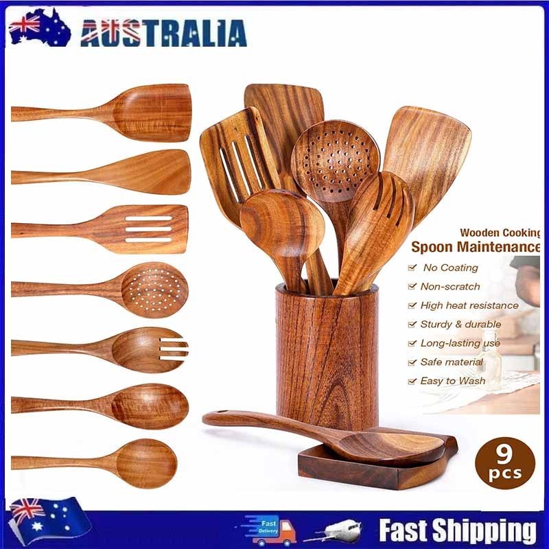 Natural Wooden Kitchen Utensil with Spoon Rest Holder 5-9pcs Cooking Spoon Set