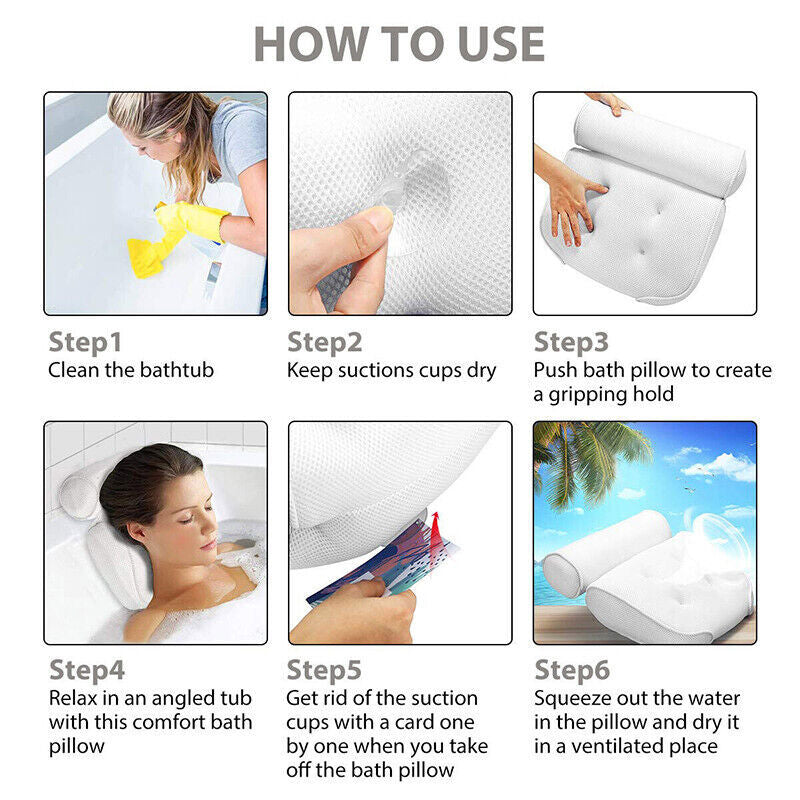 Home 3D Mesh Bath Pillow Back Neck Support Bathtub Spa Hot Tub Suction Cups New