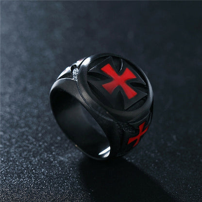 Mens Real Stainless Steel Black&Red Knights Templar Maltese Cross Band Ring