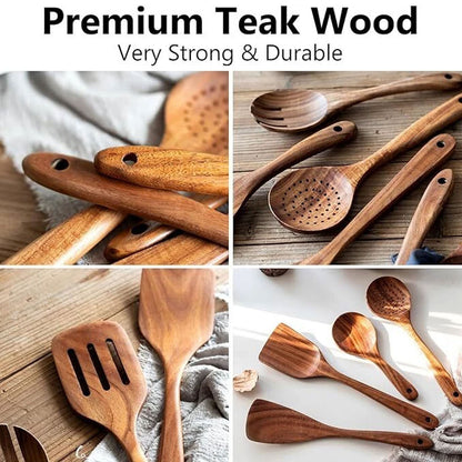 Natural Wooden Kitchen Utensil with Spoon Rest Holder 5-9pcs Cooking Spoon Set