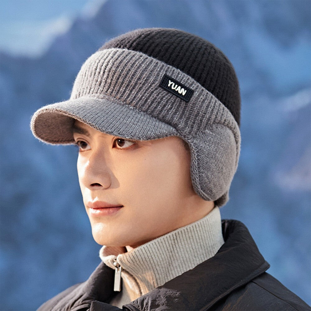 Fleece Lined Beanie Hat Ear Protection Bomber Hats Winter Peaked Knit Cap Men