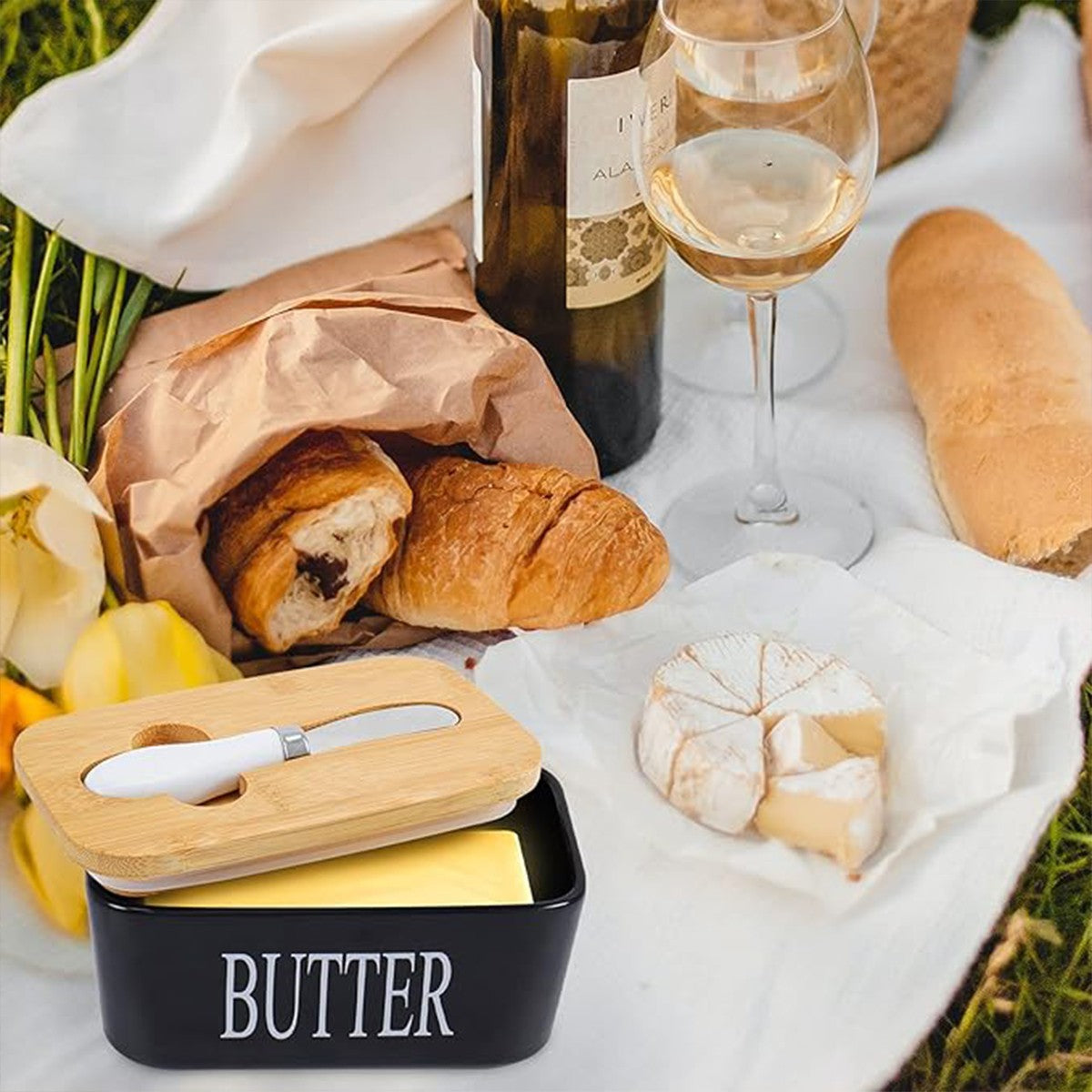 Ceramic Butter Dish Holder Wooden Lid Knife Fridge Cheese Storage Container AU