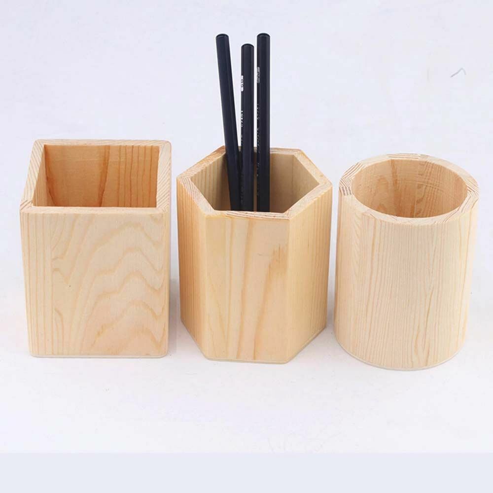 Wooden Pen Pot Pencil Holder Desk Office Organizer Stationery-Makeup Box Brush