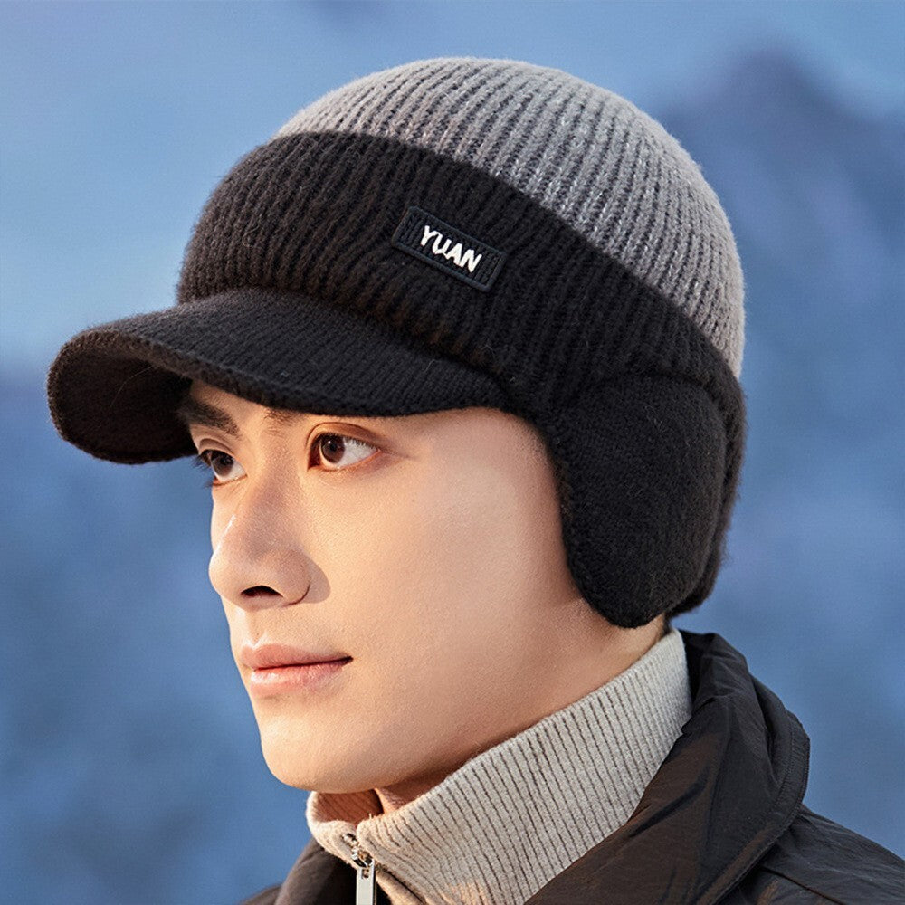 Fleece Lined Beanie Hat Ear Protection Bomber Hats Winter Peaked Knit Cap Men