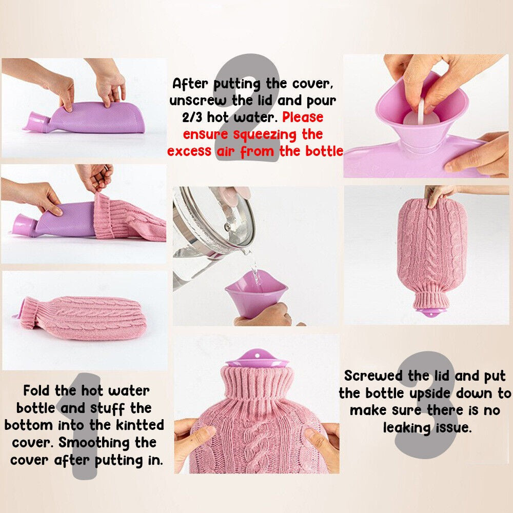 Hot Water Bottle with Knitted Cover Heat Hand Feet Warmer Rubber Warm Bag 2L