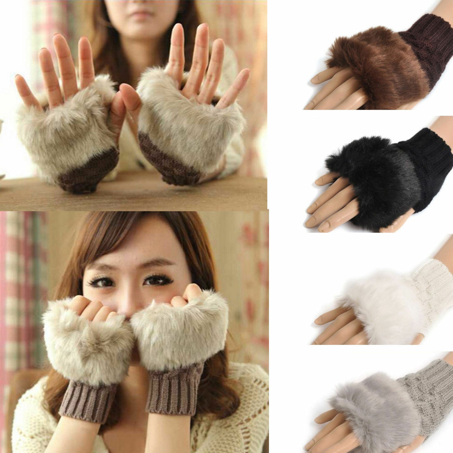 Winter Knitted Faux Fur Fingerless Gloves Women Wrist Hand Soft Warm Mittens