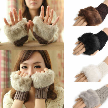Winter Knitted Faux Fur Fingerless Gloves Women Wrist Hand Soft Warm Mittens