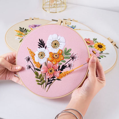 Embroidery Hoop Flower Embroidery Needle Punch Cross Stitch Kit  For Beginners
