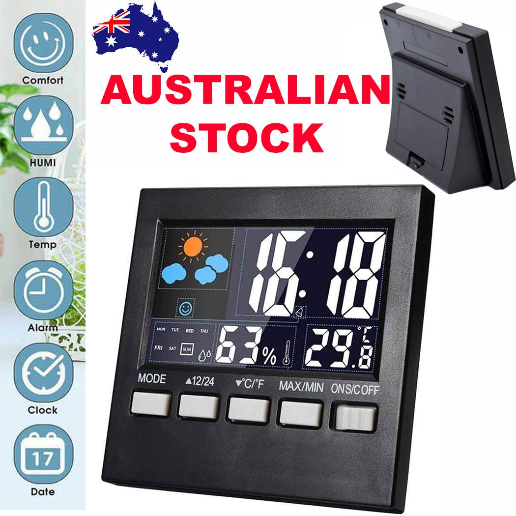 Digital Humidity Thermometer Clock Alarm Snooze Weather Forecast Backlight Indoo