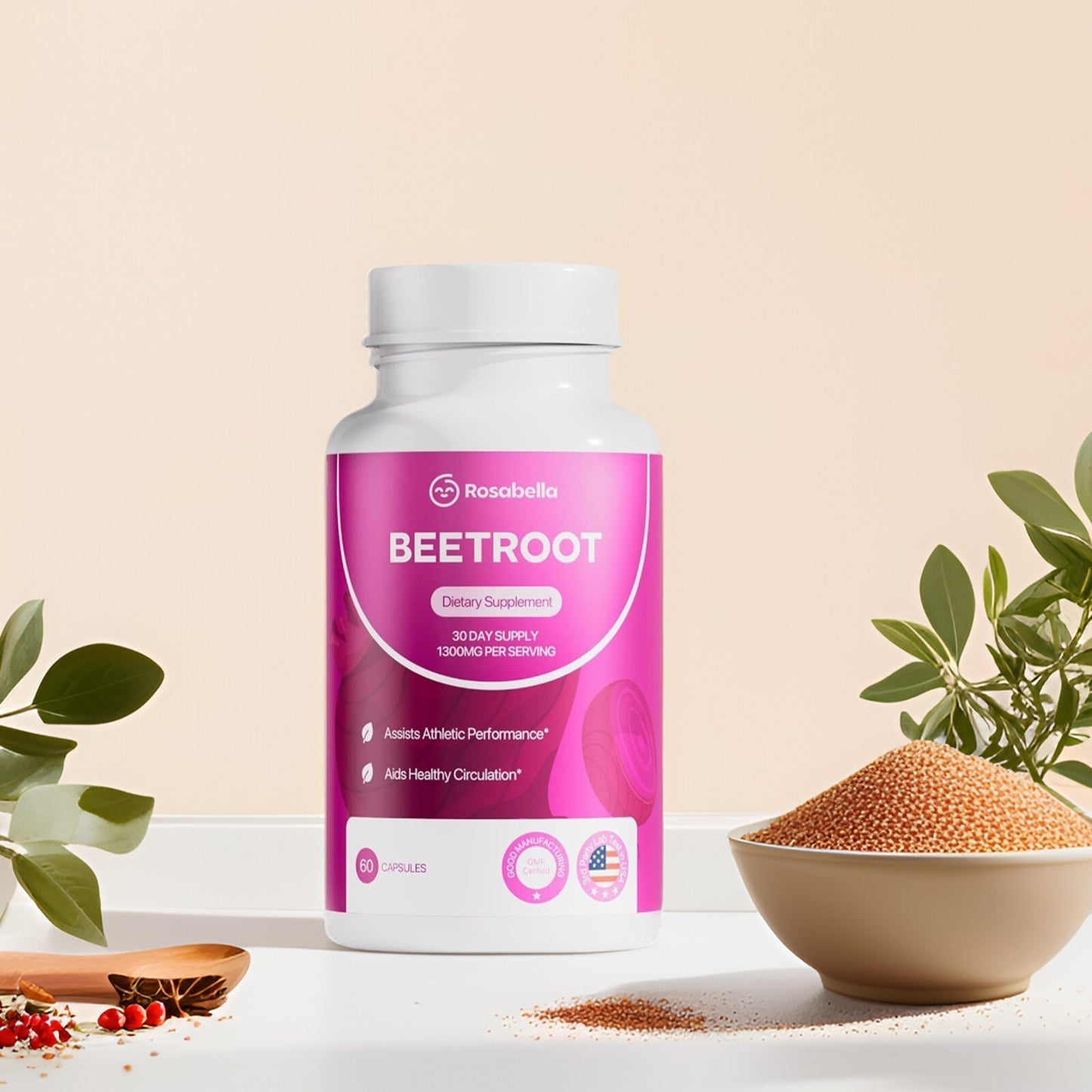 3-PACK Rosabella Beet Root Powder 1300mg Capsules Supports Blood Pressure 60Cts&