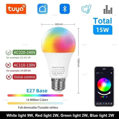 15W Smart Light Bulb Globe E27 B22 WiFi Bluetooth RGB RGBW LED Lamp Alexa Google