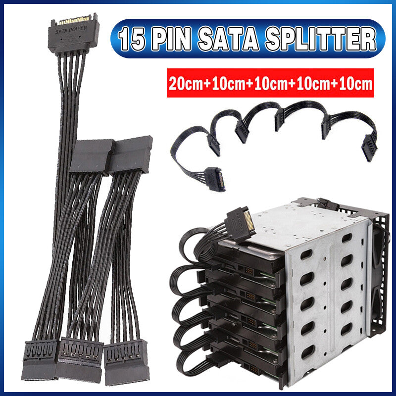 15 Pin SATA Power Y-Splitter Cable Adapter Extension 1 Male to 5 Female For HDD