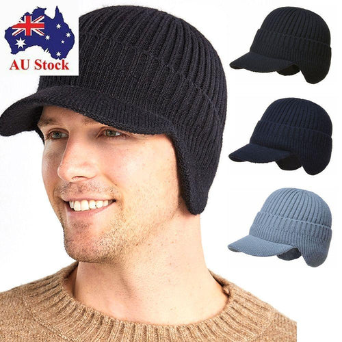 Winter Warm Thick Wool Beanie Hat Men's Knit Cap with Brim Cycling Cap