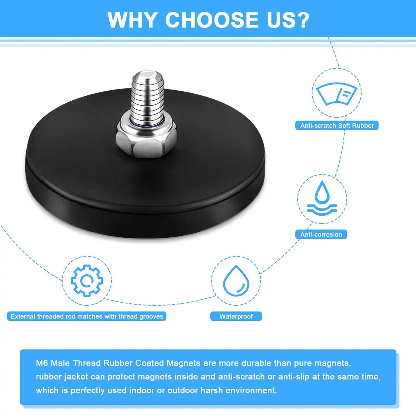 6pcs Rubber Coated Magnet M6 Magnetic Base Heavy Duty Magnetic Mount Holder