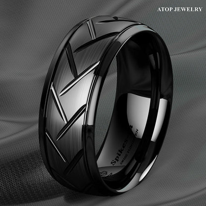 8mm Dome Black Warrior Brushed Center Tungsten Ring Bridal Band ATOP Jewelry